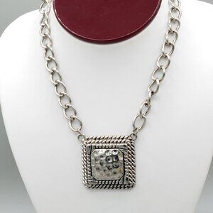 RMN Square Hammered Metal Pendant Necklace Silver Tone Length 14" Chain Link